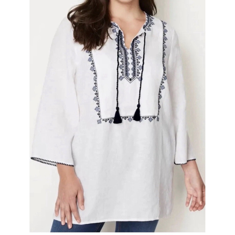 J.Jill Linen Embroidered Petite M 3/4 Sleeve Tunic Top Bohemian Lagenlook Beach